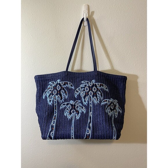 Vera Bradley Tote Bag Womens Carry All Navy Blue White Palm Trees Beachy Boho - Picture 1 of 7